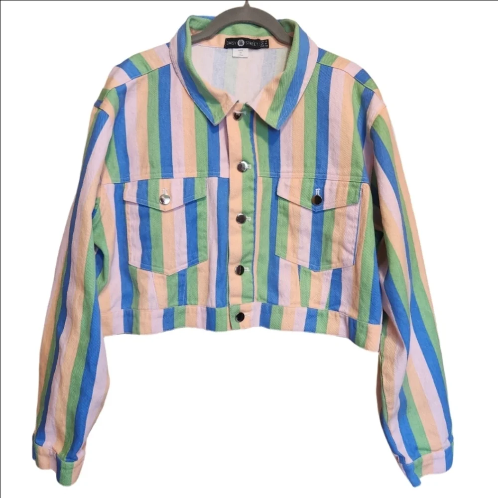 DAISY STREET CROPPED MULTI COLOR STRIPE ALL COTTON TRUCKER JACKET SIZE MEDIUM - Picture 3 of 12